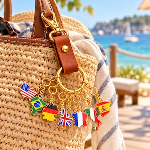 May include: A gold-toned metal keychain featuring multiple dangling charms shaped like country maps, each filled with its respective national flag, attached to a brown leather strap on a woven straw tote bag.