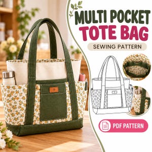 May include: A multi-pocket tote bag sewing pattern featuring a cream-colored upper section and a lower section with a floral print of small yellow flowers and green leaves. The bag has dark green fabric handles, trim, and a central pocket.