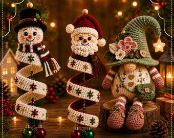 クリスマスかぎ針編みパターン集（PDF）、雪だるまサンタノームのかぎ針編みパターン、スパイラルクリスマスオーナメント、ホリデーデコレーション、即時ダウンロード