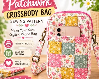 Molde em PDF para costura de bolsa transversal patchwork | Molde para bolsa de celular | Download digital imprimível em A4 e A0