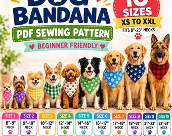 犬用バンダナの型紙（PDF）｜10サイズ（XS～XXL）｜リバーシブルペット用スカーフの型紙｜初心者向けDIY犬用アクセサリー