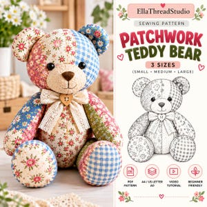Memory Bear Sewing Pattern PDF, Patchwork Teddy Bear, Heirloom Keepsake Bear, Memorial Bear Pattern, A4 & US Letter Printable Sewing PDF