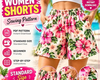 Women's Shorts Sewing Pattern PDF, High Waist Shorts Pattern, Beginner Sewing Pattern, Elastic Waist Shorts, Instant Digital Download