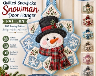 キルティングの雪だるまドアハンガーの型紙、雪の結晶のクリスマスデコレーションPDF、アップリケ＆刺繍パターン、即時ダウンロード