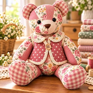 18 Inch Memory Bear Sewing Pattern PDF, Teddy Bear Pattern with Vest, Keepsake Bear, Patchwork Stuffed Animal, Printable DIY Plush Pattern