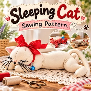 May include: A beige fabric sleeping cat plush toy with a red ribbon bow and a blue bell collar. The image includes text reading Sleeping Cat Sewing Pattern, along with two circular insets showing variations of the cat in red and leopard print.