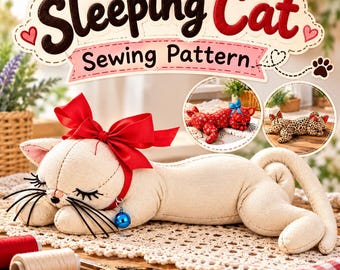 眠っている猫の型紙、猫のぬいぐるみ型紙、猫のぬいぐるみのPDF、ヴィンテージ猫人形の型紙、DIY猫のおもちゃ、即時ダウンロード