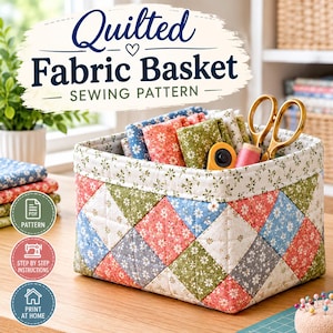 May include: A rectangular quilted fabric basket featuring a patchwork design of floral squares in shades of pink, blue, green, and white. The basket contains fabric scraps, gold scissors, and a rotary cutter. Text reads Quilted Fabric Basket.