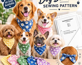 犬用バンダナの型紙（PDF）、シュシュ付き犬用バンダナの型紙、リバーシブルペット用スカーフ、伸縮性のある犬用バンダナ、DIYソーイングパターン
