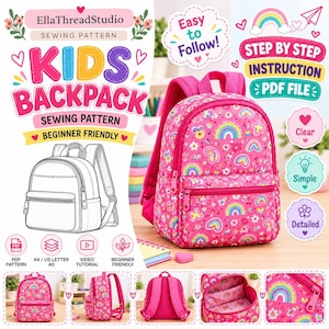 Patrón de costura para mochila en PDF, patrón para mochila escolar infantil, tutorial para hacer una mochila, instrucciones de costura digitales, patrón para principiantes.