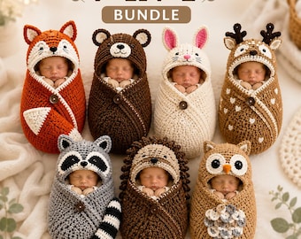 May include: A 7-in-1 bundle of seven crocheted baby swaddles featuring animal designs including a fox, bear, rabbit, deer, raccoon, hedgehog, and owl. Each swaddle has a hood with animal features and a single button closure on the front.