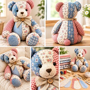 Pode incluir: Um urso de peluche de patchwork feito de v&aacute;rios padr&otilde;es de tecido, incluindo xadrez vichy vermelho e branco, estampados florais azuis e t&ecirc;xteis &agrave;s riscas. O urso tem um la&ccedil;o de juta bege no pesco&ccedil;o com um bot&atilde;o de madeira e olhos de contas pretas.