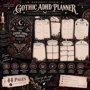 Può includere: Un'agenda ADHD gotica di Moonshift Studio con copertina nera, rose rosse, una falena e motivi celestiali. Il set include vari layout di pagine interne per la pianificazione giornaliera, idee per pasti, liste e tracker.