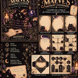 May include: A printable stationery set titled Maeve's Midnight Stationery featuring a black cat, crescent moons, stars, and ivy. Includes lined and unlined letter paper, tiny notes, an envelope template, and gift tags with a dark purple and gold theme.