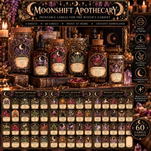 Może przedstawiać: Zestaw do pobrania cyfrowego zawierający 60 etykiet do druku na słoiki apteczne, zatytułowany Moonshift Apothecary. Kolekcja obejmuje trzy arkusze dekoracyjnych etykiet z ilustracjami botanicznymi i niebiańskimi, przeznaczonych do organizacji w domu.