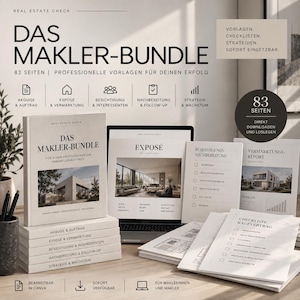 Peut inclure: Un ensemble de documents immobiliers numériques et physiques intitulé DAS MAKLER-BUNDLE, comprenant 83 pages de modèles, listes de contrôle et stratégies. L'ensemble inclut un livre, un ordinateur portable affichant un exposé et divers formulaires.