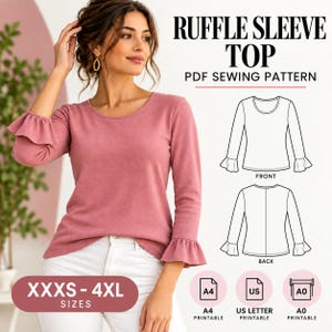 Patron de couture PDF pour haut à manches volantées, blouse femme, chemise à poignets évasés, tailles XXXS à 4XL, format A4, A0 ou Lettre US (téléchargement numérique).