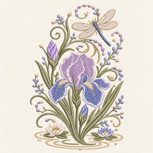 May include: An embroidery design featuring a central purple and blue iris flower with green stems and leaves, surrounded by swirling vines, small purple and gold beads, two white water lilies at the base, and a blue dragonfly at the top.