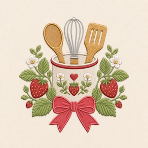 May include: An embroidery design featuring a white ceramic utensil holder containing a wooden spoon, a metal whisk, and a wooden spatula. The holder is decorated with strawberries, white flowers, and a red heart, with a large red bow at the base.
