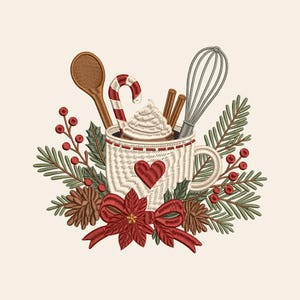 Diseño de bordado navideño para la cocina, taza de repostería navideña con batidor, bastón de caramelo y flor de Pascua, archivo de bordado a máquina, PES DST