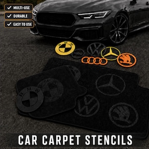 May include: A set of black car carpet stencils featuring various automotive brand logos including BMW, Volkswagen, Mini, Mercedes-Benz, Audi, and Skoda. The stencils are circular and flat, designed for marking logos onto vehicle floor mats.