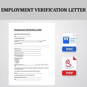 May include: A digital template for an Employment Verification Letter featuring blank fields for employee details, job title, dates, and salary. To the right are two file icons labeled DOC in blue and PDF in red, representing the available document formats.