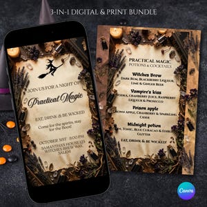 May include: A 3-in-1 digital and print bundle featuring a Practical Magic invitation and menu. The design displays parchment paper, dried lavender, crystals, and small glass vials. Text includes Witches Brew, Vampire's kiss, and Poison apple.