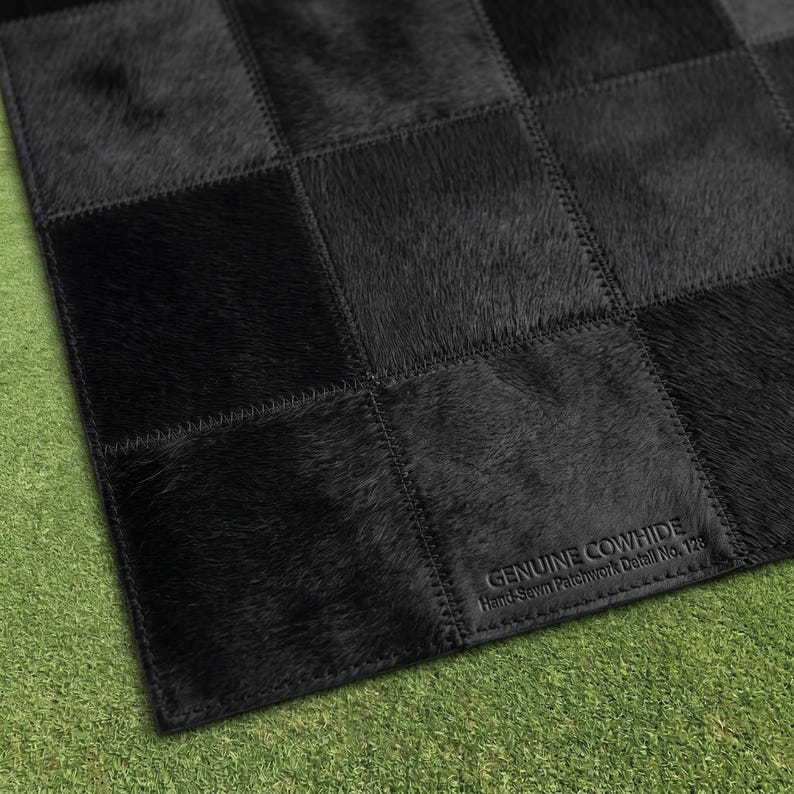 Genuine Black Cowhide Patchwork Rug, Handmade Hair-on Leather Area Rug ...
