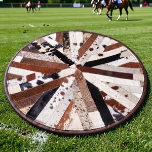 Handmade Tricolor Cowhide Patchwork Rug | Round Hair-On Hide Area Rug (Western Decor)