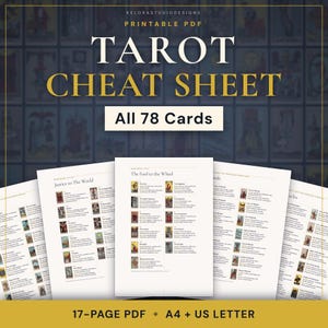 May include: A printable PDF tarot cheat sheet featuring all 78 cards across 17 pages. The document includes text and small card illustrations, with headers like Justice to The World and The Fool to The Wheel, available in US Letter size.