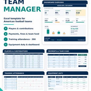 Peut inclure: Un modèle Excel numérique pour les équipes de football américain intitulé Tablivio Team Manager. La mise en page comprend un tableau de bord, des listes de contributions, le suivi des paiements, les présences et les tâches d'équipement.