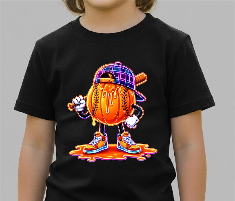 May include: A black t-shirt featuring a graphic of a cartoon baseball character wearing a plaid cap and high-top trainers. The baseball has orange liquid dripping down its surface and is holding a wooden baseball bat over its shoulder.