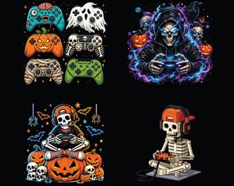 May include: A collection of four Halloween-themed gaming illustrations featuring skeletons, pumpkins, and game controllers. The designs include a skull gamer with glowing blue eyes, a skeleton wearing a cap, and various controllers styled as ghosts, mummies, and monsters.