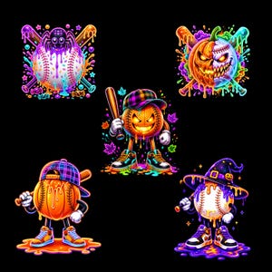 May include: A collection of five vibrant digital illustrations featuring baseballs and pumpkins with Halloween themes. The designs include dripping neon paint, spiders, jack-o'-lantern faces, baseball bats, colourful trainers, and hats against a black background.