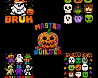May include: A collection of Halloween-themed graphic designs featuring block-style characters and pumpkins. Text includes IT'S HALLOWEEN BRUH, MASTER BUILDER, HALLOWEEN BRICK SQUAD, and MONSTER BUILDER. The designs use bright colours like orange, green, and purple.