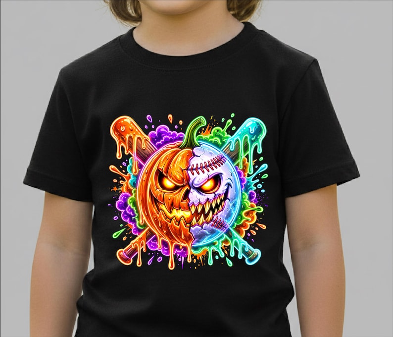May include: A black short-sleeved t-shirt featuring a graphic print of a split pumpkin and baseball design. The image shows a glowing orange jack-o'-lantern on one side and a white baseball on the other, crossed by two baseball bats with colourful paint drips.