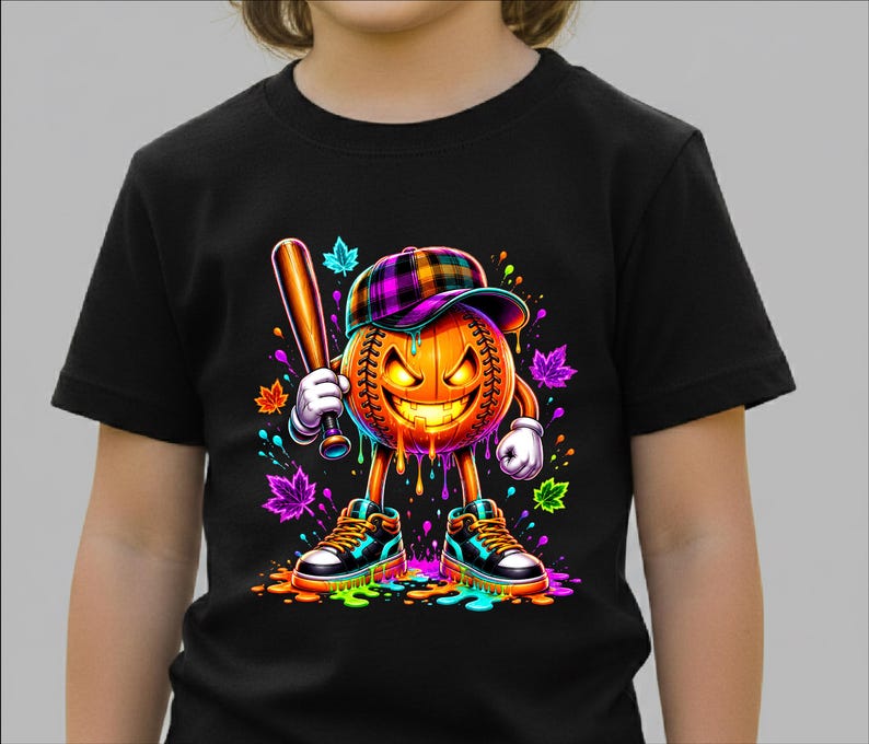 May include: A black t-shirt featuring a graphic of a glowing orange jack-o'-lantern baseball character wearing a plaid cap and high-top trainers. The character holds a baseball bat, surrounded by colourful paint splatters and autumn leaves.