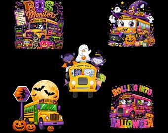 May include: Five colourful Halloween-themed illustrations featuring yellow and pink school buses, ghosts, skeletons, pumpkins, and bats. Text includes Bus Monitor, Spooky Bus, and Rolling Into Halloween, set against a solid black background.