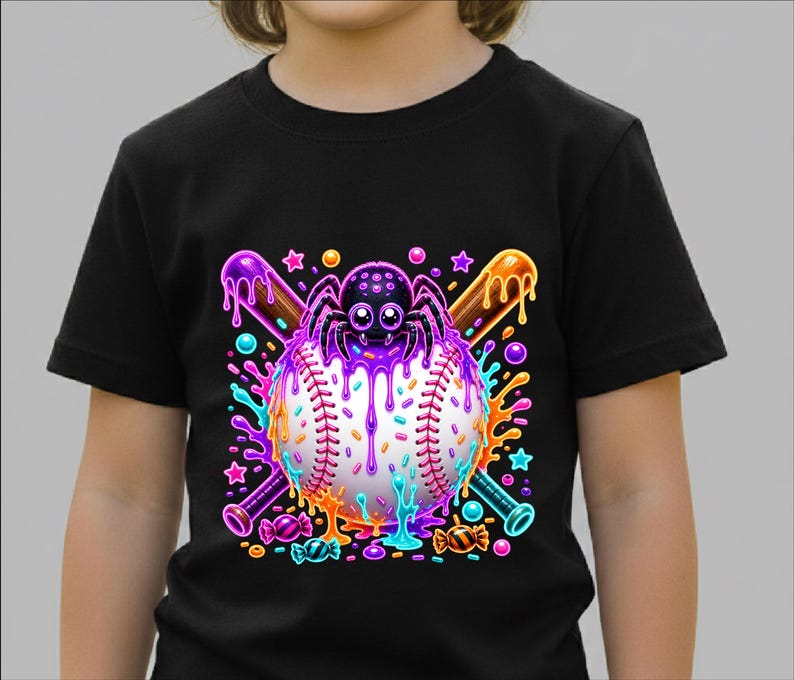 May include: A black short-sleeved t-shirt featuring a graphic print of a white baseball centred behind a purple spider. Two crossed baseball bats are positioned behind the ball, with colourful dripping paint, sprinkles, stars, and candy accents.