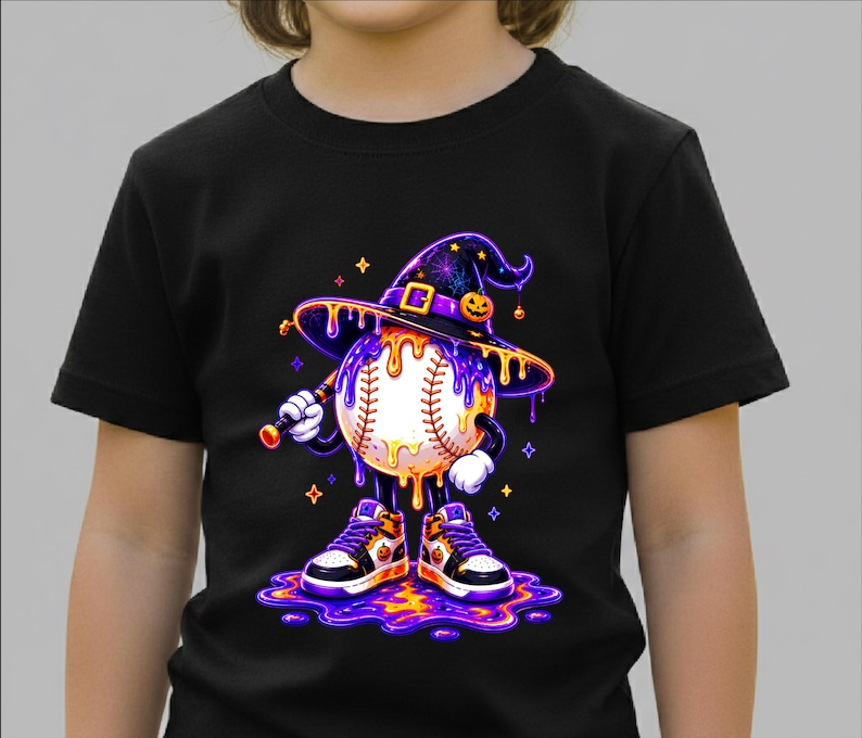 May include: A black short-sleeved t-shirt featuring a graphic of a baseball character wearing a purple witch hat and trainers. The baseball is covered in dripping orange slime, holding a baseball bat, and standing in a puddle of purple and orange liquid.