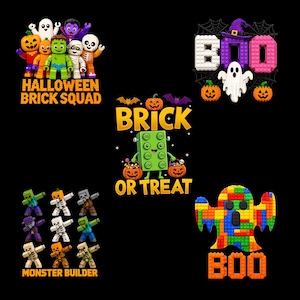May include: A collection of Halloween-themed graphic designs featuring block-style figures, pumpkins, and ghosts. Text includes HALLOWEEN BRICK SQUAD, BOO, BRICK OR TREAT, and MONSTER BUILDER. The designs use bright colors like orange, green, and purple.