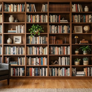 Puede incluir: Una gran estantería de madera oscura de suelo a techo llena de numerosos libros, jarrones decorativos, un globo terráqueo y plantas en macetas. Un sillón de cuero negro con una manta clara se sitúa junto a una pequeña mesa auxiliar de madera con una taza.