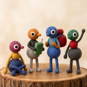 May include: Four needle-felted figures with round heads, long noses, and large white eyes with black pupils. The first is purple and yellow, the second is orange and gray holding a green box, the third is blue with a red backpack, and the fourth is green and gray.