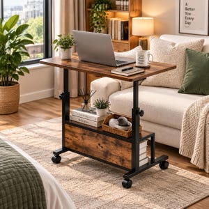 May include: A mobile laptop desk with a dark wood grain surface and a black metal frame. It features an adjustable height mechanism, a lower storage shelf, and four caster wheels. A laptop, a notebook, and a mug with the text Good Work Better Days sit on top.