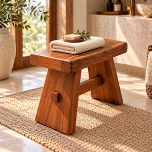 Organic Modern Solid Wood Bathroom Shower Stool, Sculptural Wooden Bath Bench