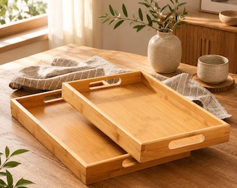 Handmade Bamboo Serving Tray, Rectangular Wooden Breakfast Tray with Handles