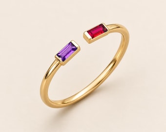 Adjustable Two Birthstone Ring, 925 Sterling Silver Baguette Stone Ring
