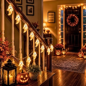 Può includere: Una catena di luci LED bianche a forma di fantasma drappeggiata lungo una ringhiera di legno. Ogni fantasma presenta un semplice volto nero ed emette una luce calda, creando una decorazione festiva per la festa di Halloween.