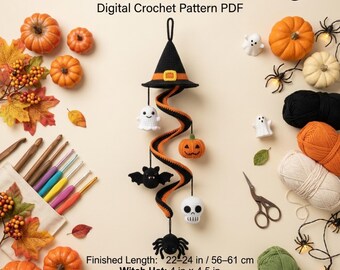Halloween Crochet Spiral Pattern, Spooky Crochet Decor, Witch Hat Ghost Bat Pumpkin Skull Spider, Halloween Crochet PDF