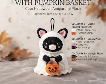 Crochet Halloween Cat Pattern, Black Cat Ghost Amigurumi, Pumpkin Candy Bucket Crochet Pattern, Halloween Plush Toy, Crochet PDF Pattern